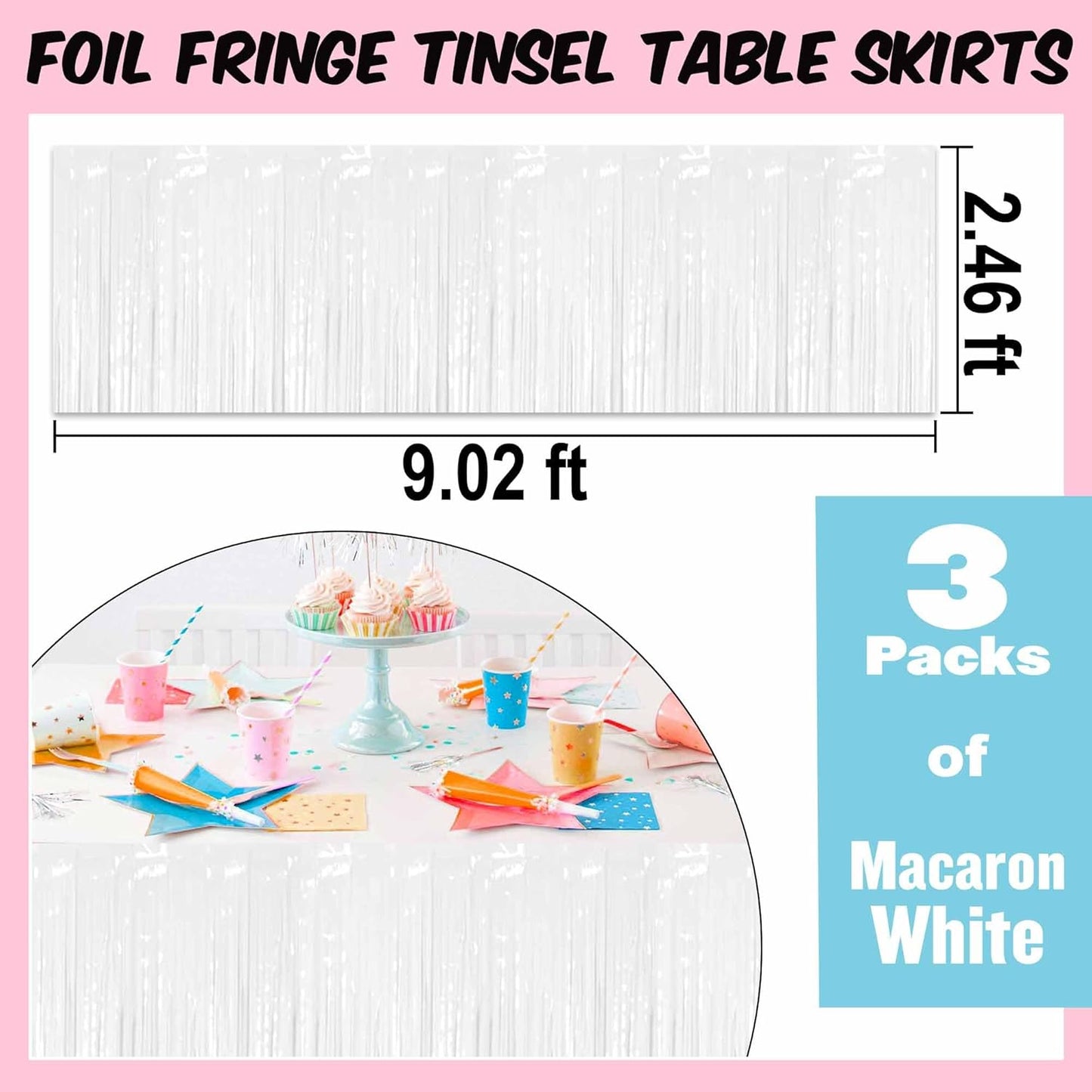 3 Pack 29 x108 Inch Macaron White Foil Fringe Table Skirts Metallic Banner for Tinsel Streamer Garland Backdrop for Parade Floats Mother's Day, Graduate, Birthday, Wedding Party Decoration