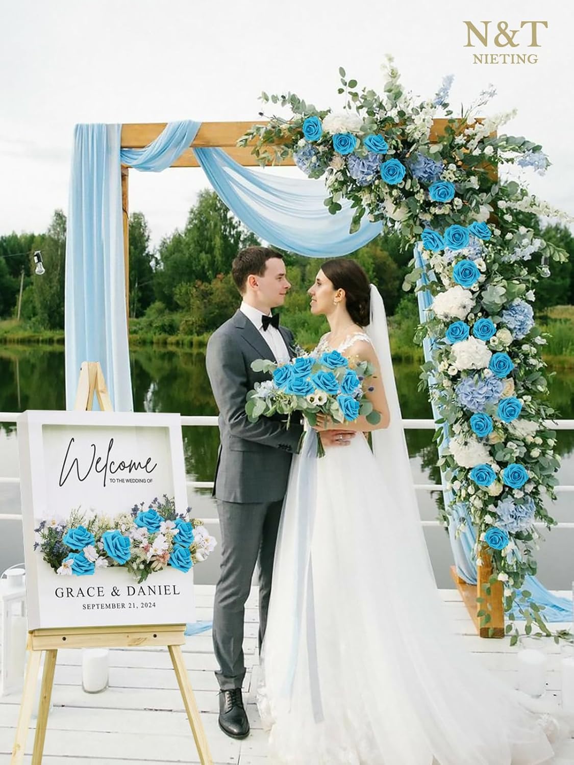 N&T NIETING Artificial Flowers 50pcs Real Looking Blue Foam Fake Roses with Stems for DIY Wedding Bouquets White Bridal Shower Centerpieces Arrangements Party Tables Decorations