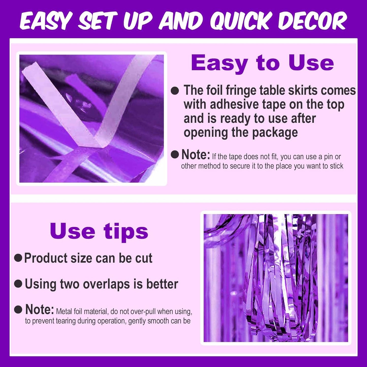 3 Pack 29 x108 Inch Purple Foil Fringe Table Skirts Metallic Banner for Tinsel Streamer Garland Backdrop for Parade Floats Mother's Day, Graduate, Birthday, Wedding Party Decoration