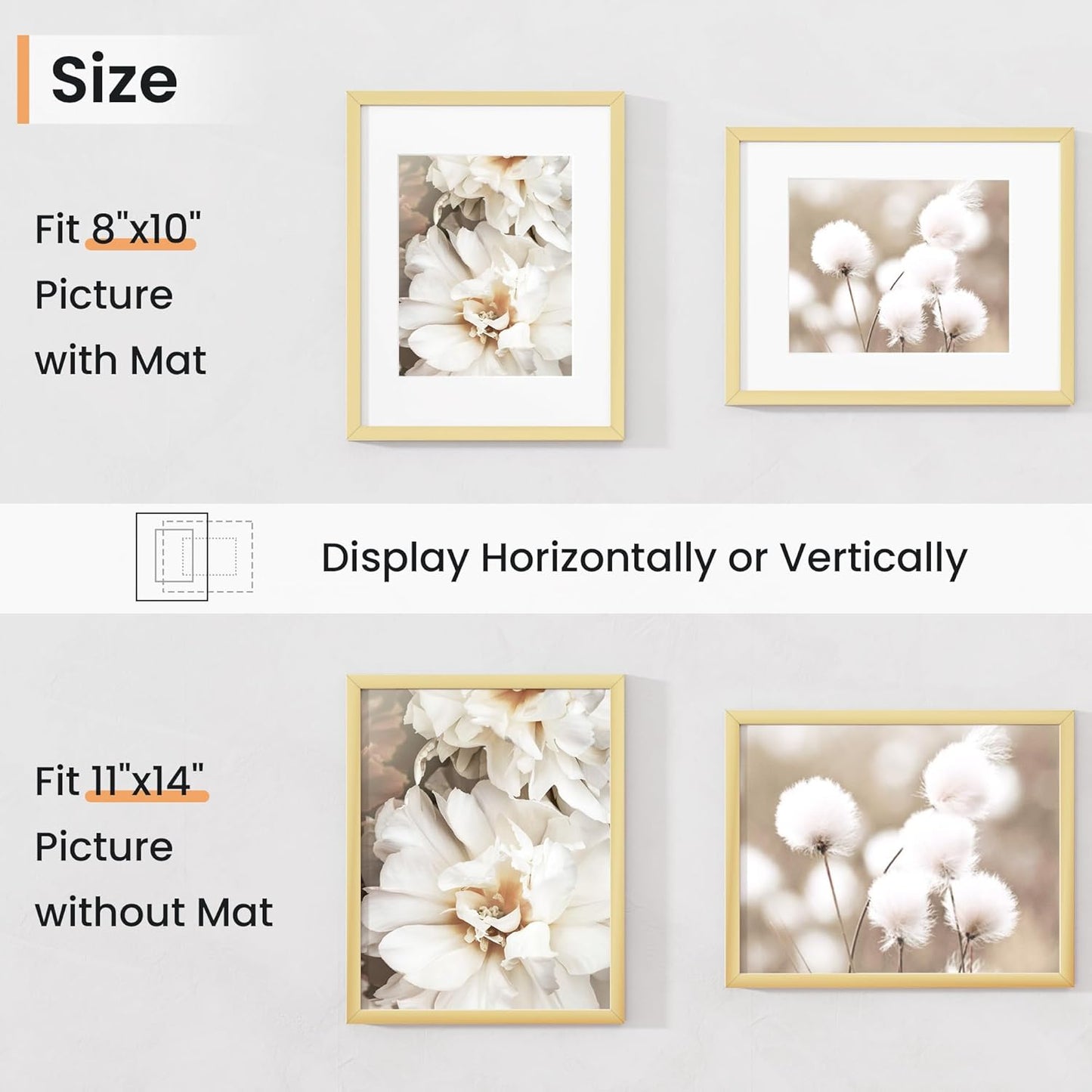 11x14 inch Picture Frame, 11x14 Photo Frames with 8x10 Removable Mat - High Definition Plexiglass - Vertical and Horizontal Display - Wall Hanging Frame - Gold, 12 Pack