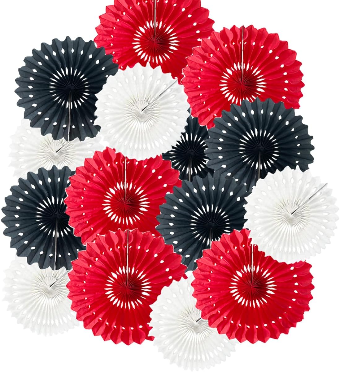 15pcs Paper Fans Set - 6'' 8'' 10'' Round Tissue Fans Decor for Party, Wedding, Birthday Events - White, Red, Black