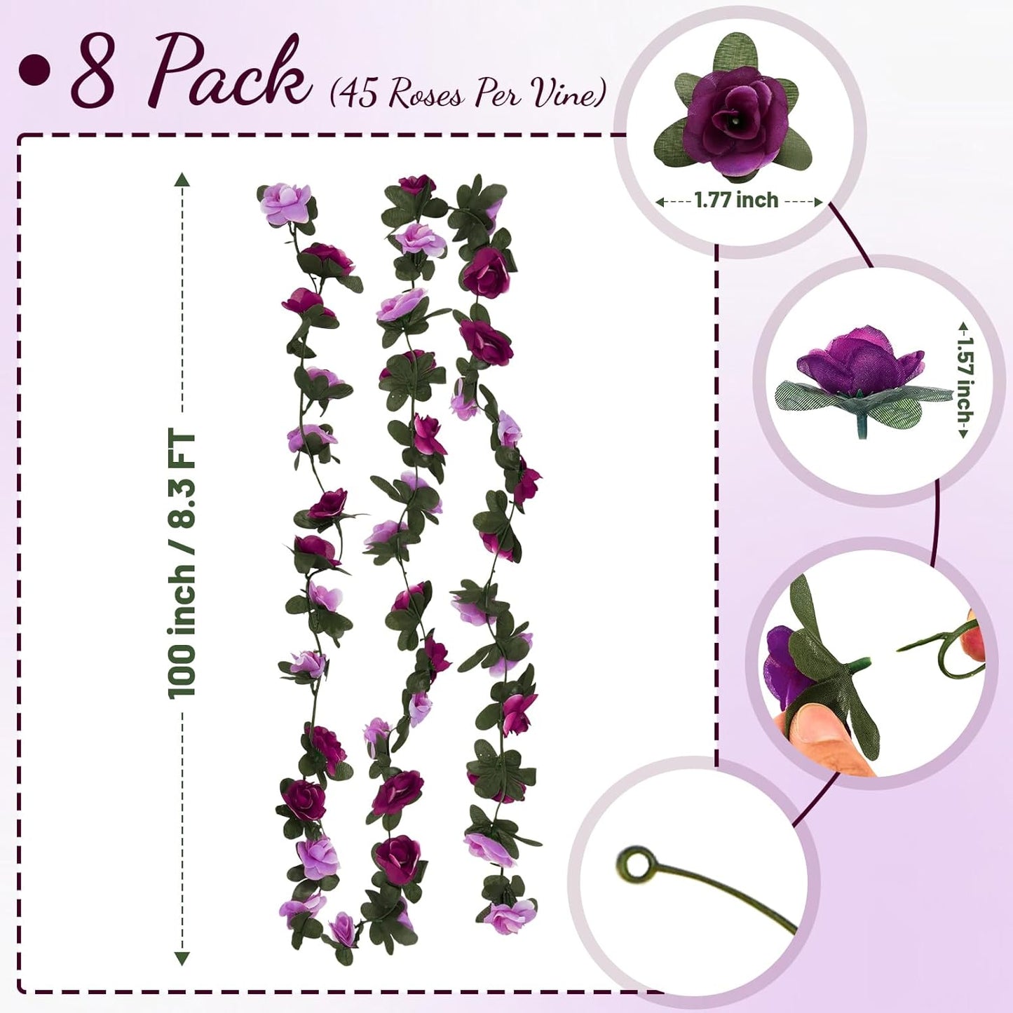 8 Pcs 65.6 Ft Flower Garland Rose Vines, Rose Garland for Decoration, Flower Vine for Room Table Birthday Wedding Party Garden Wall Decor