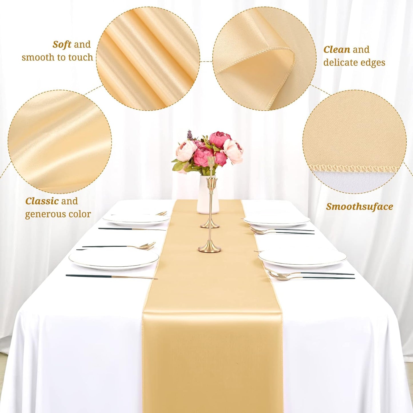 12 Pack Champagne Gold Satin Table Runner,12 x 108 inch Long Premium Smooth Table Runner for Wedding,Banquets,Birthday,Party,Graduation,Engagements,Table Runners fit Rectangle and Round Table