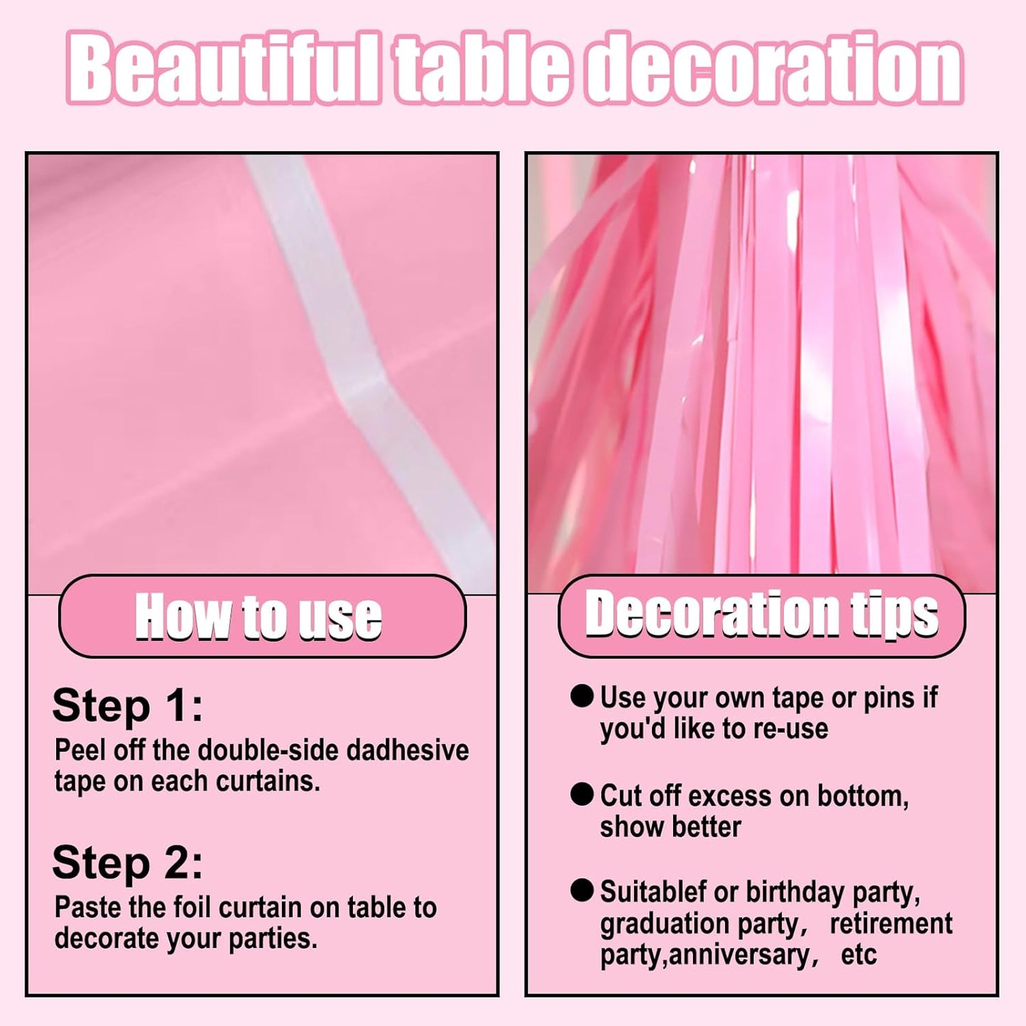 3 Pack 29 x108 Inch Macaron Pink Foil Fringe Table Skirts Metallic Banner for Tinsel Streamer Garland Backdrop for Parade Floats Wedding Thanksgiving Birthday Christmas New Year Party Decoration