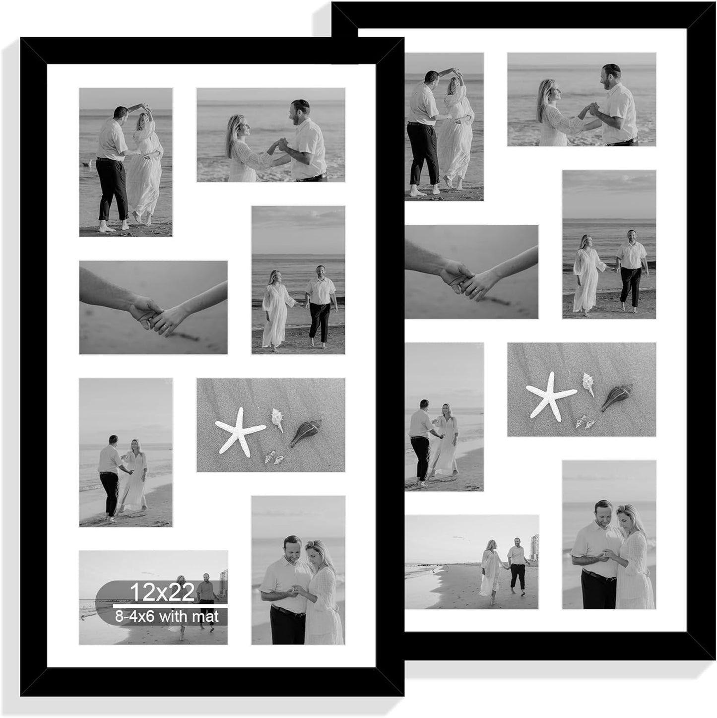12x22 Picture Frame Set of 2, Black with Glass Collage Frame, Display Eight Opening 4x6 Photos With Mat or 12 x 22 Newspaper Without Mat - Horizontal or Vertical Wall Mounting