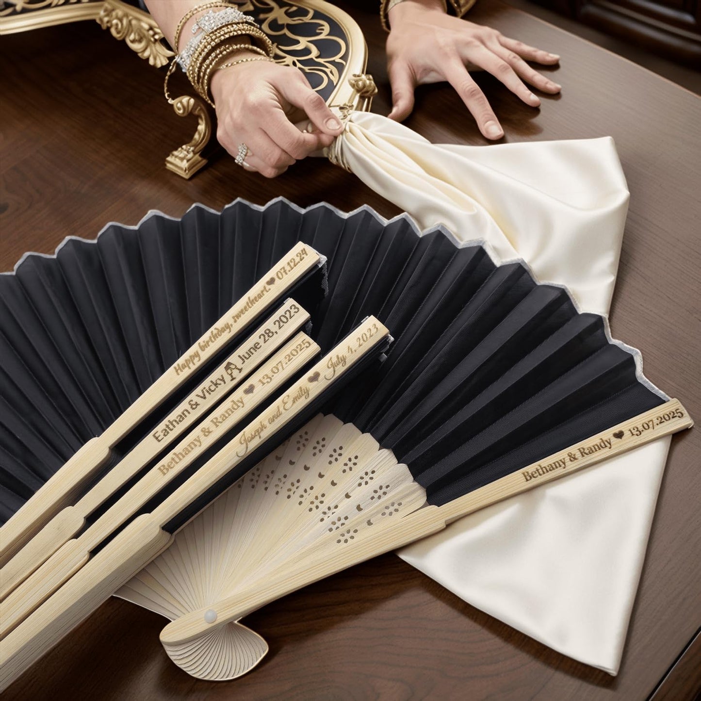10Pcs Personalized Silk Fans Folding Hand Fan, Custom Wedding Bridal Party Favors, Summer Wedding Bride, Wedding Gift, Thank You Gift (Black)