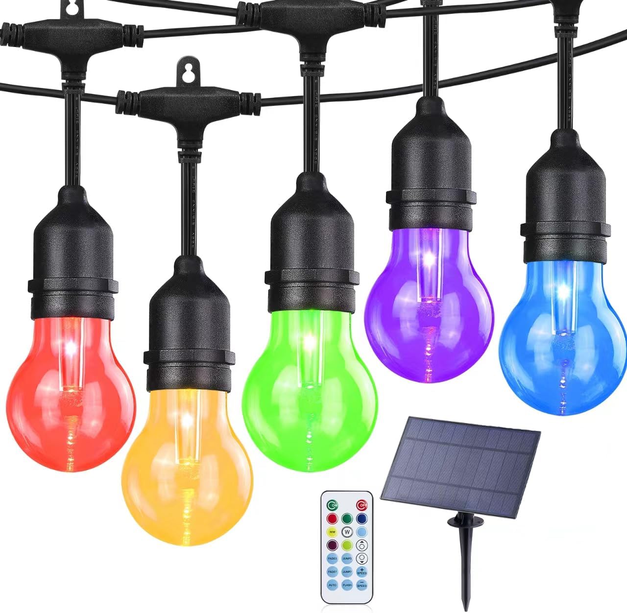 144FT Solar Outdoor String Lights, 45 Shatterproof E26 Edison LED Bulbs, IP65 Waterproof Dimmable RGB Color Changing Patio Lights with 8 Modes & Remote for Garden, Cafe