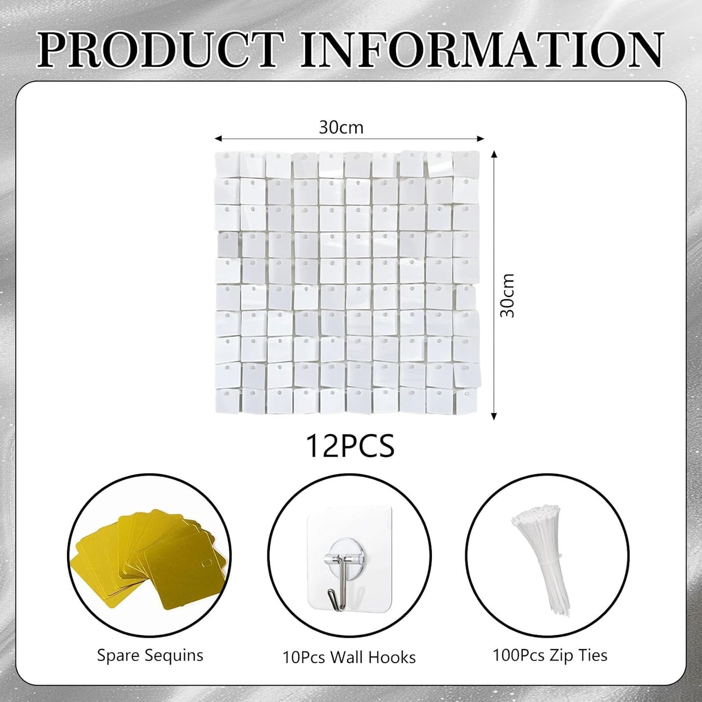 12PCS White Shimmer Wall Backdrop, Square Sequin Photo Backdrops Panel, Glitter Wall Background for Birthdays, Weddings, Graduation, Engagements, Disco Bachelorette Party Decoration (3FTx4FT)