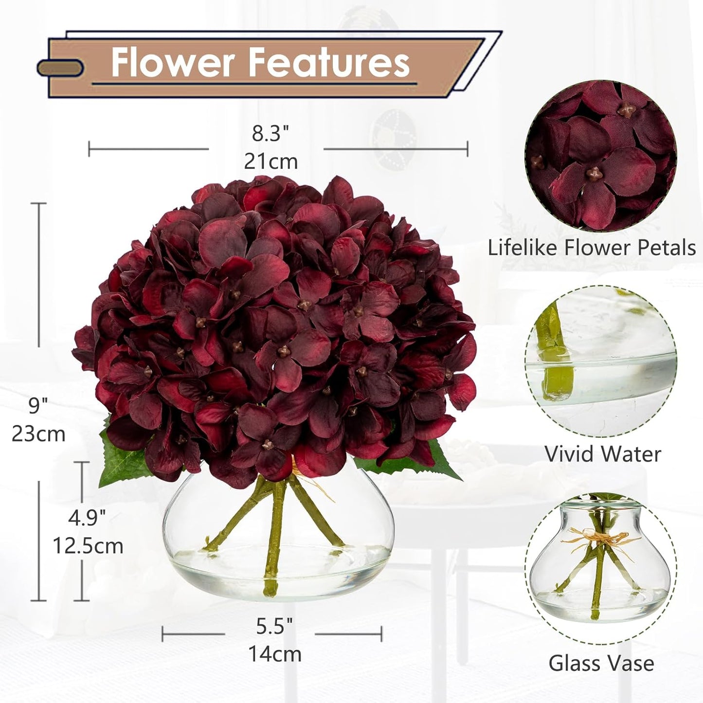 Hollyone Dark Red Fall Hydrangea Artificial Flowers for Decoration in Glass Vase Autumn Silk Faux Flower Arrangements with Faux Water Table Centerpiece Vase with Fake Flowers Fall Decorations for Home