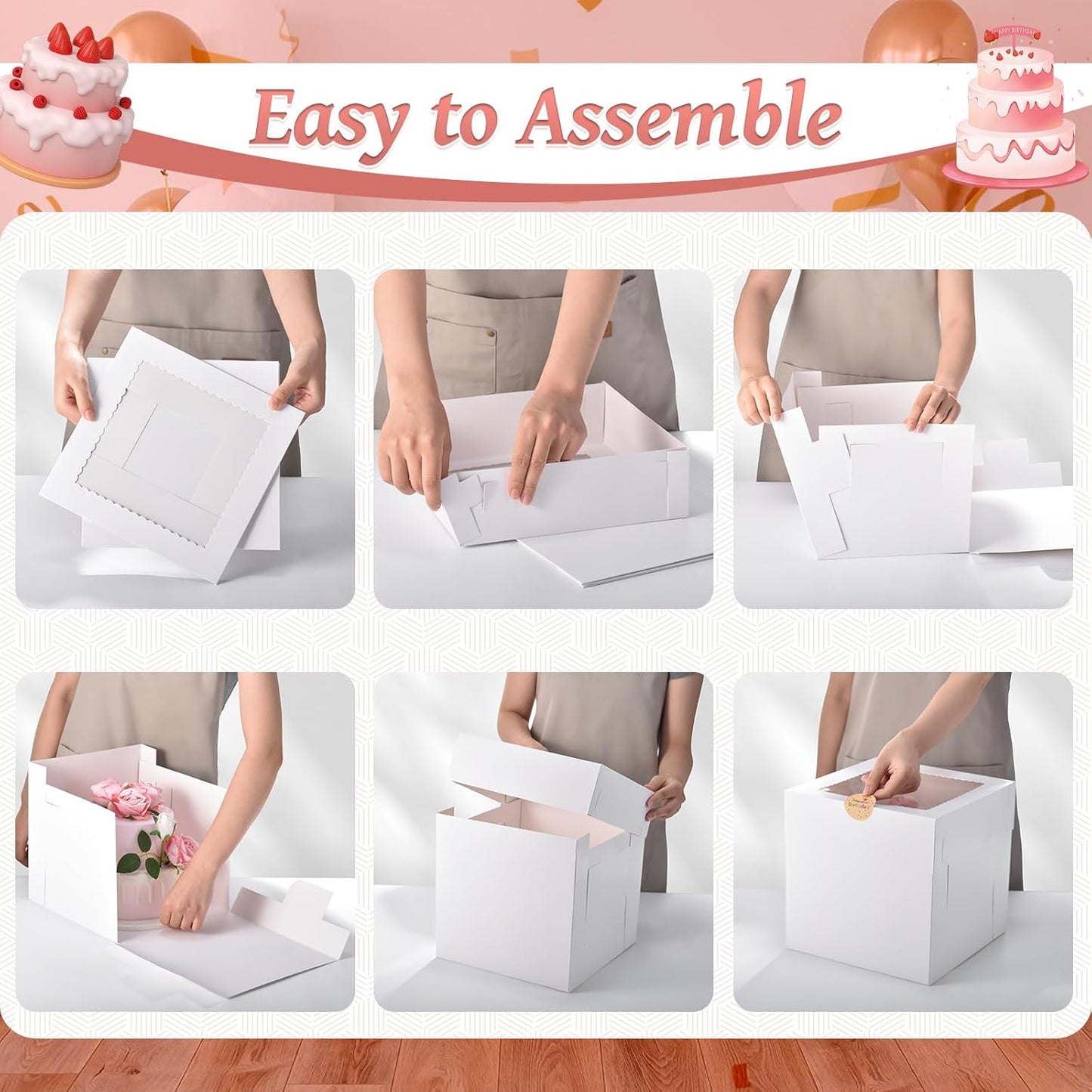 12Pcs Cake Boxes, 12x12x12 Inches Tall Cake Boxes with Window, White Square Disposable Cake Carrier Container for Multi-Layer Cakes Birthday Party Wedding Bakery Boxes