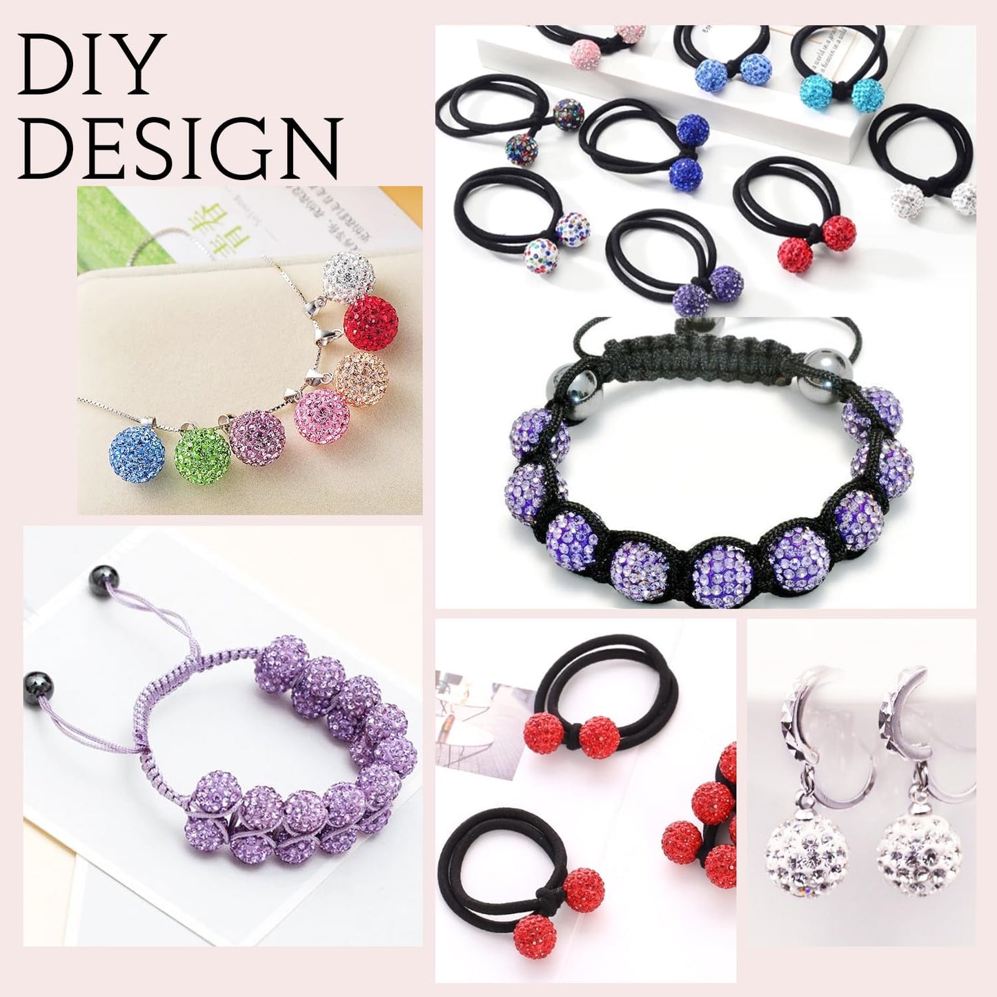 100pcs 10mm Rhinestone Beads for Jewelry Making, Light Purple Shiny Round Shamballa Disco Beads Bulk, Sparkle Crystal Clay Christmas for Bracelet Baseball Necklace Earring Crafting and DIY