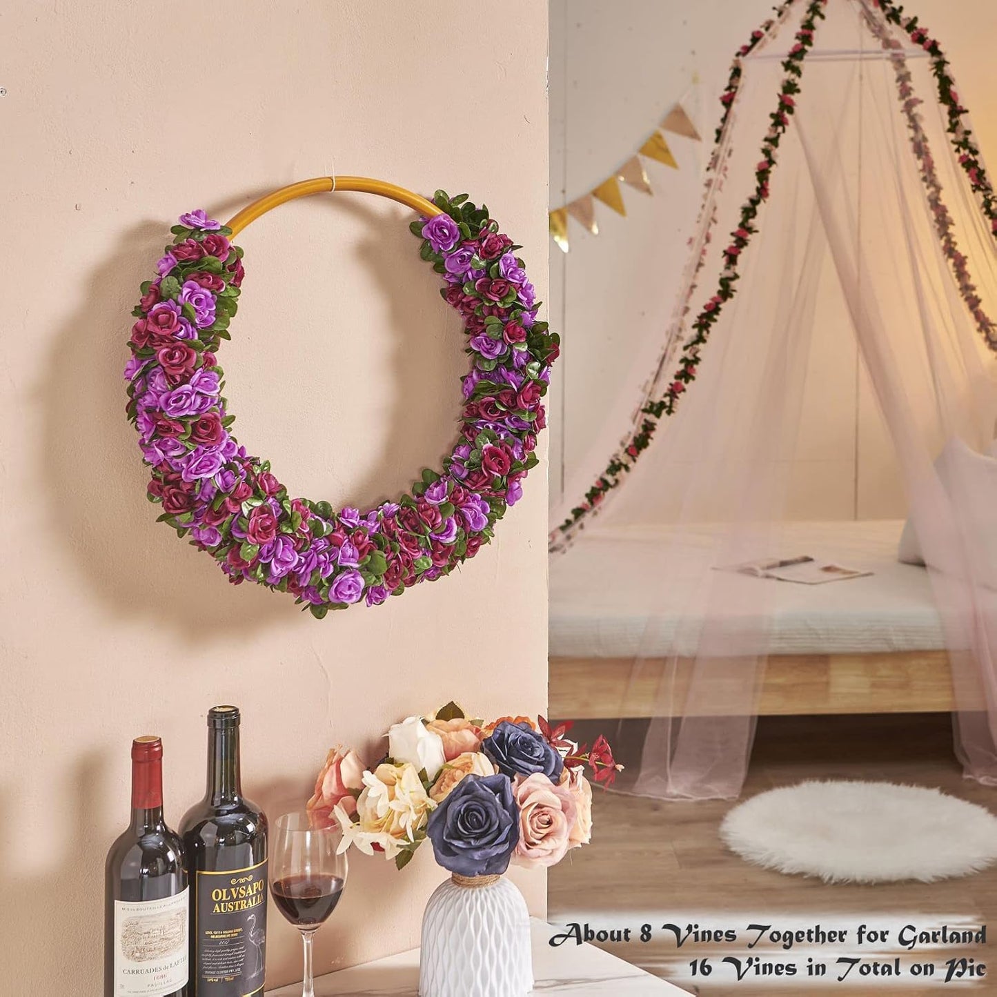 6 Pcs x 8.2 ft Flower Garland Artificial Rose Vine Flowers with Green Leaves Hanging Fake Roses Vine for Room Party Home Wedding Birthday Christmas Wall Arch Decor, Spring Purple Flower