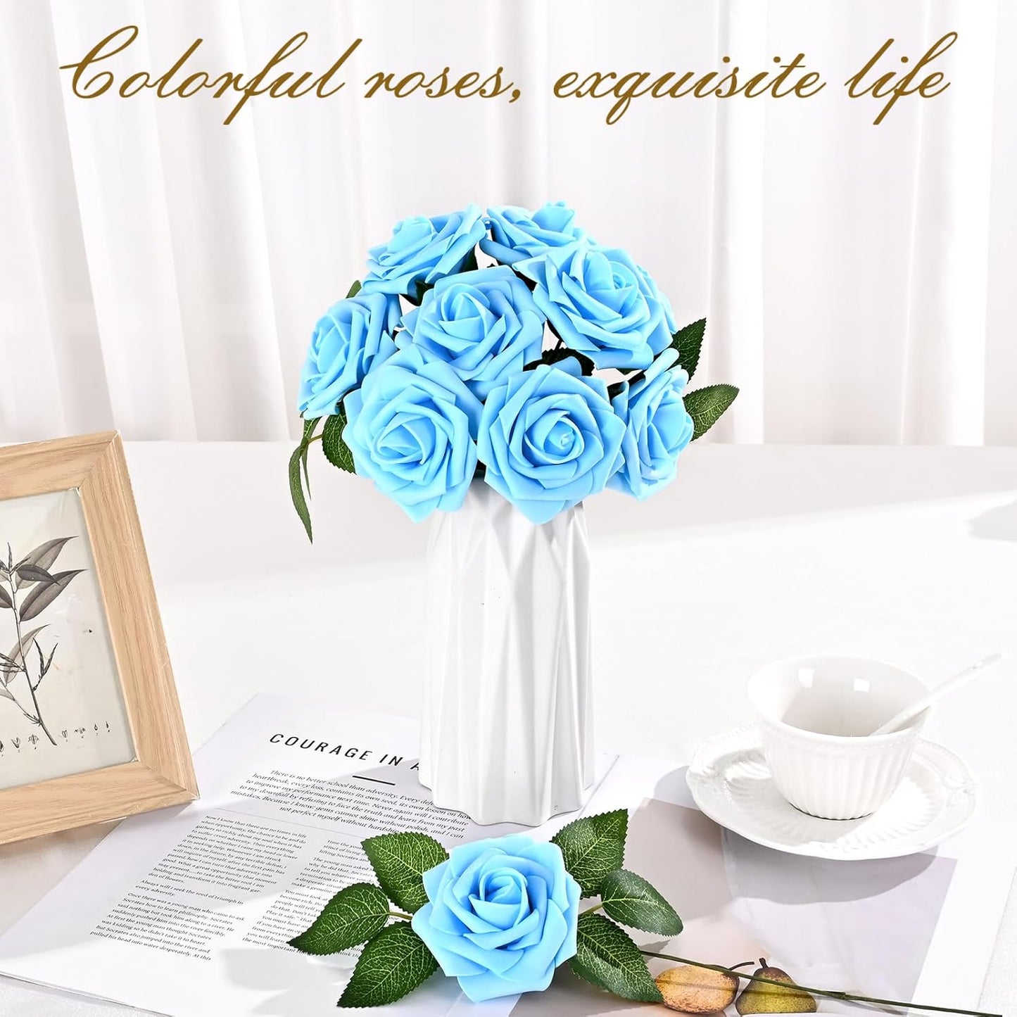 BLEUM CADE 16Pcs Artificial Flowers Fake Roses with Stems, Sky Blue Boxed Foam Roses for DIY Bouquets Centerpieces Wedding Party Arrangement Bridal Shower Decor