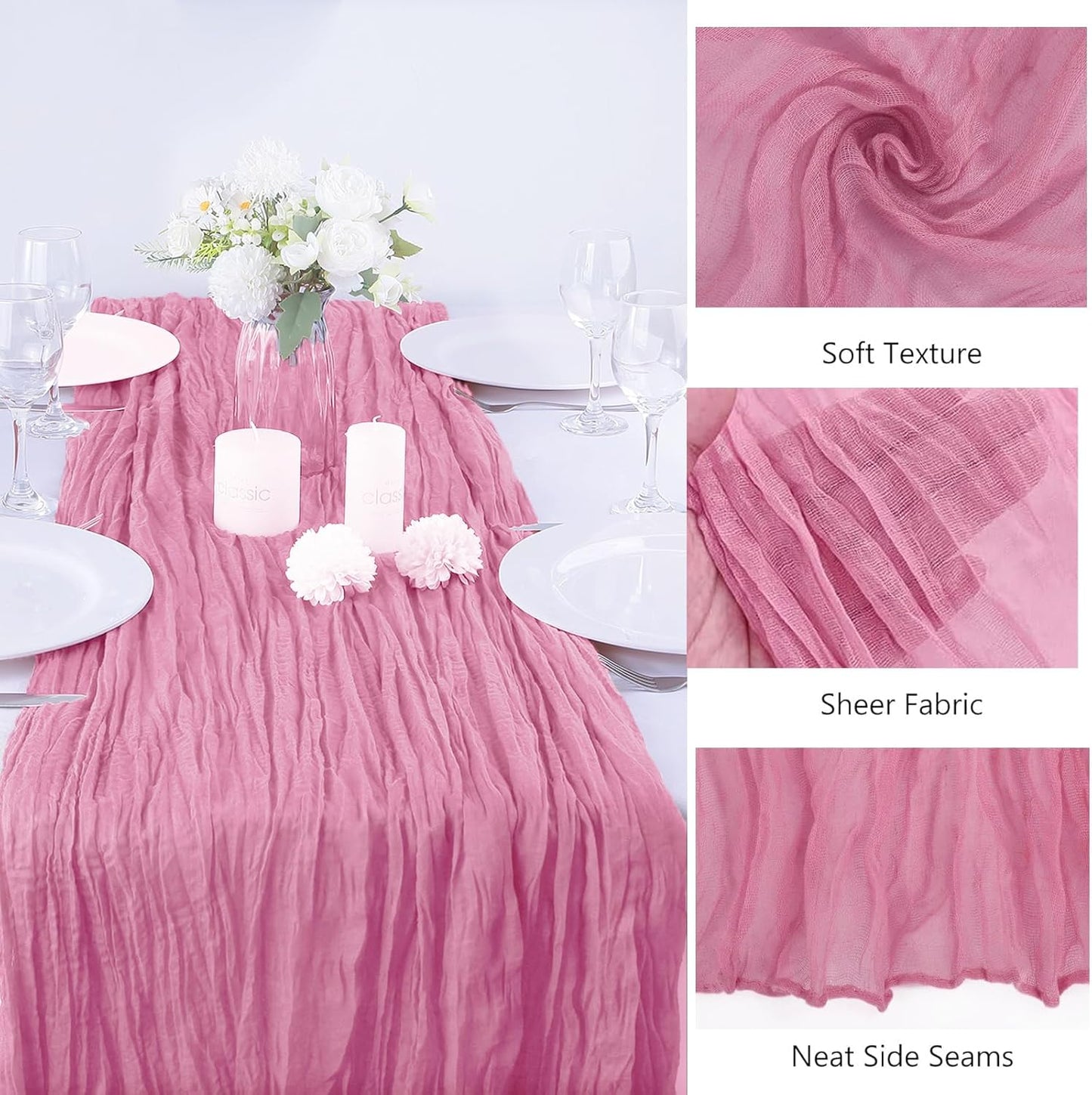 16PCS Dusty Rose Cheesecloth Table Runner 10FT Table Runner Cheesecloth 35x120Inch Boho Gauze Cheese Cloth Table Runner Long Rustic Sheer Table Runners for Wedding Party Baby Bridal Shower Table Decor
