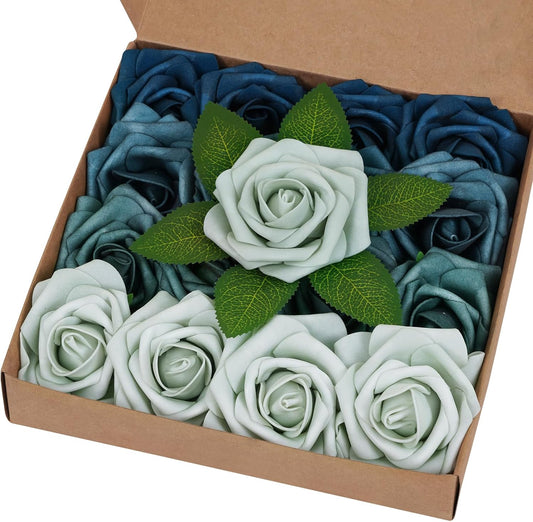 BLEUM CADE 16Pcs Artificial Flowers Fake Roses with Stems, Gradient Misty Blue Boxed Foam Roses for DIY Bouquets Centerpieces Wedding Party Arrangement Bridal Shower Decor