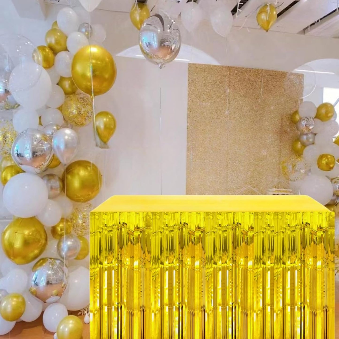 Gold Streamers Party Decorations, 2 Packs Gold Table Skirts Metallic Foil Fringe Tinsel for Birthday Float Parade Mardi Gras Graduation Party Supplies -29x108Inch