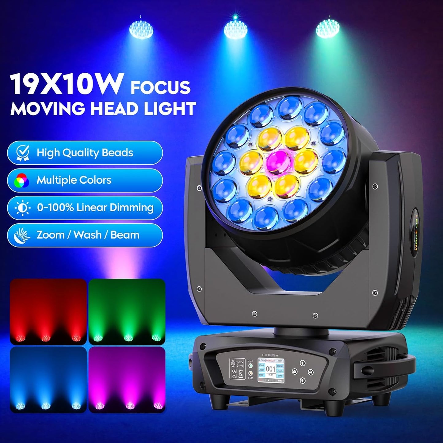 19x10W Moving Head Light Focusing/Beam/Wash/Zoom Effect Stage DJ Lights 4-in-1 LED DMX512 & Sound Activated Control for DJ Disco Nightclub KTV Bar Theater Shopping Mall