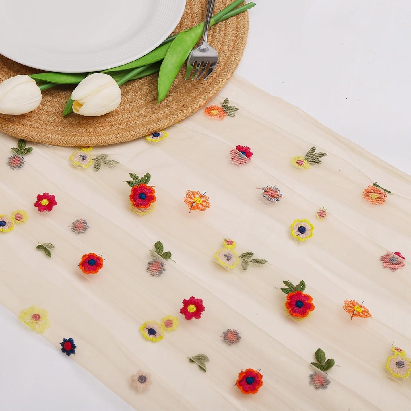 BINBE 6pcs Champagne Daisy Fall Table Runner Embroidery Gauze 10FT Florals Seasonal Tulle Holiday Birthday Kitchen Dining Table Decor for Home Party