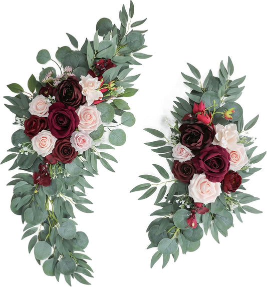 ponatia Wedding Arch Flowers (Pack of 2), Artificial Burgundy Wedding Flowers for Wedding Welcome Signs Decorations and Arch Flower for Wedding Ceremony Reception (Burgundy & Blush)