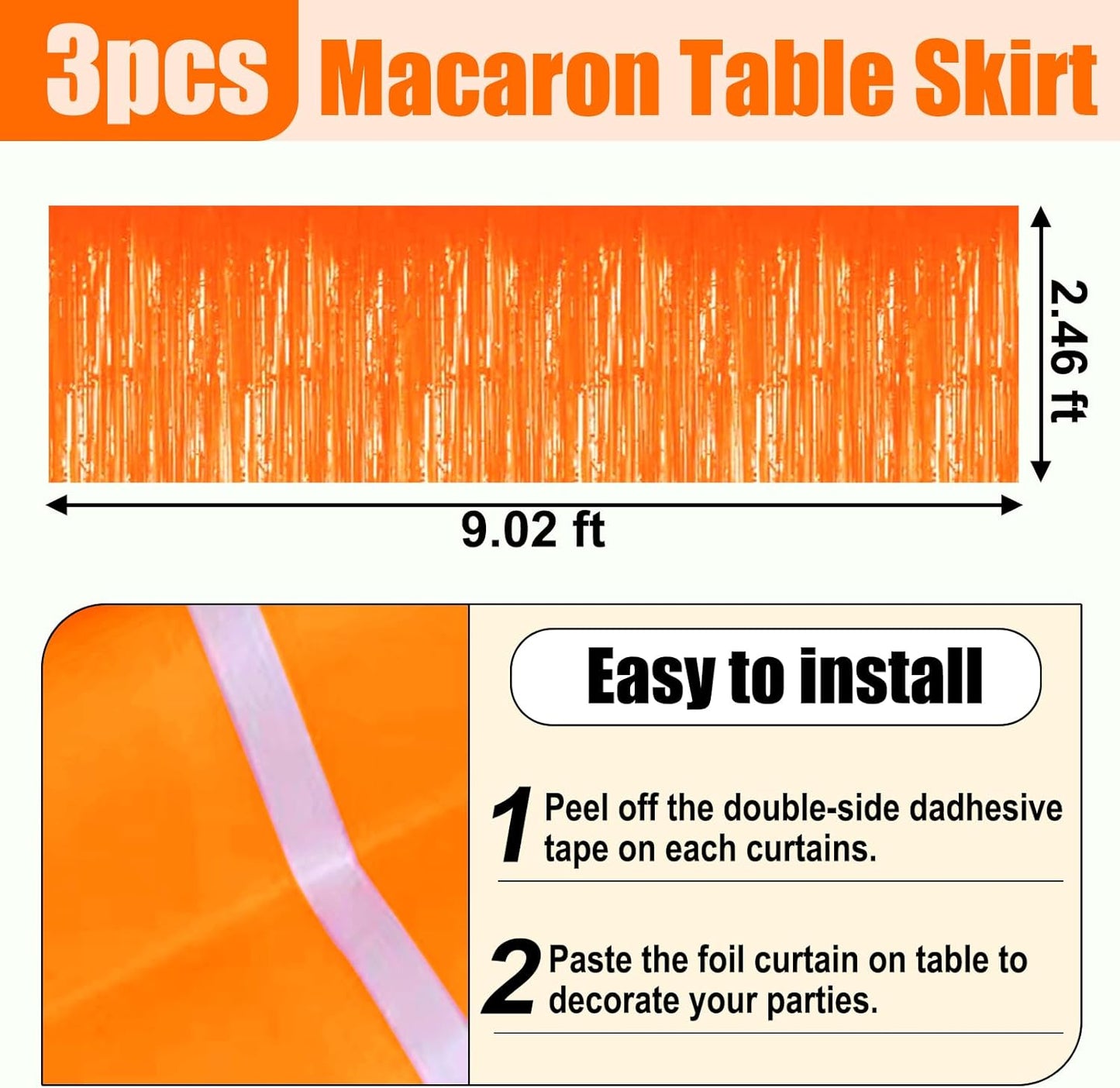 3 Pack 29x108 Inch Macaron Orange Foil Fringe Table Skirts Metallic Banner for Tinsel Streamer Garland Backdrop for Parade Floats Wedding Thanksgiving Birthday Christmas Halloween Party Decoration