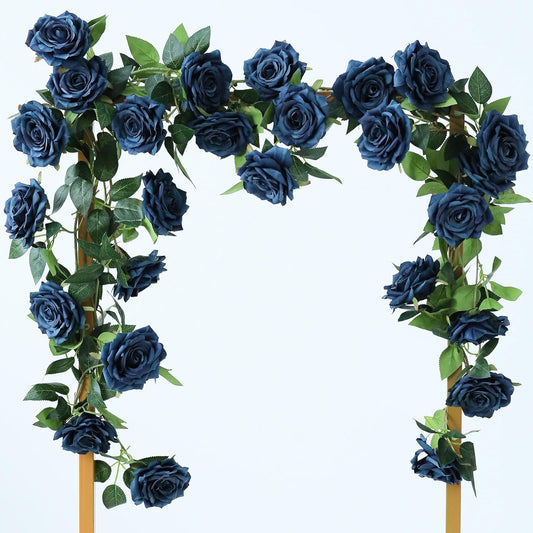 2 Strands 73'' Artificial Silk Rose Flower Vines Garland, Fake Roses Floral Green Leaves Hanging Plant for Wedding Arrangement Decoration, Wall, Party, Bedroom, Home Decor (Blue)
