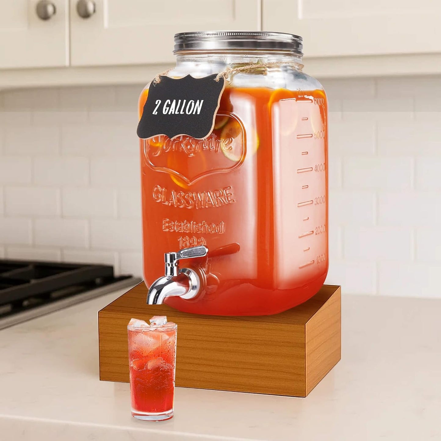 2 Gallon Glass Drink Dispenser for Parties, Beverage Dispenser, Lemonade Dispenser with 18/8 Stainless Steel Spigot, Leakproof for Sun Tea, Juice, Picnic, BBQ & Bars