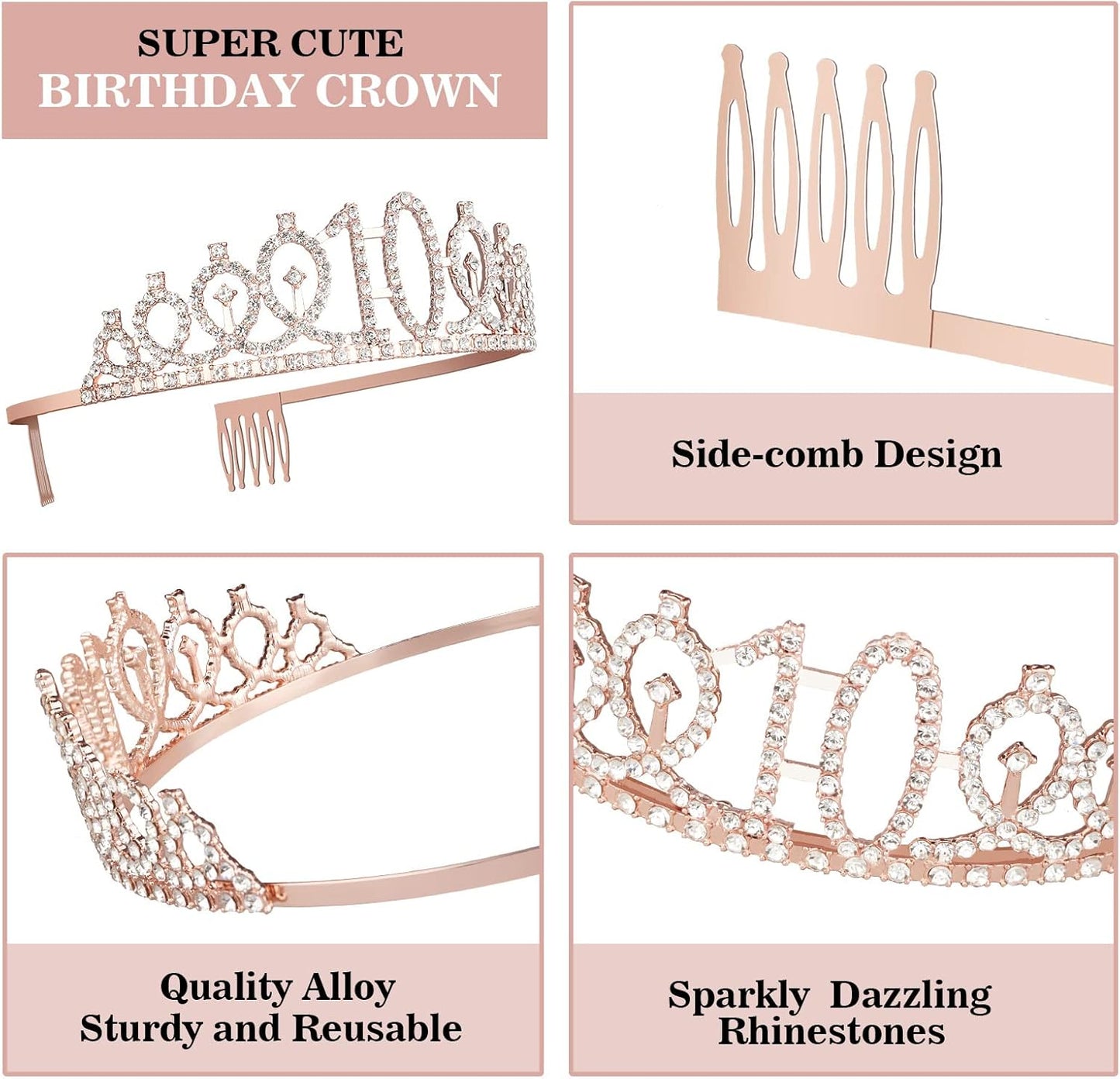 10th Birthday Decorations for Girls, Including Sash, Crown/Tiara, Candles, Cake Topper. 10th Birthday Gifts for Girls, Rose Gold Party Decor Supplies