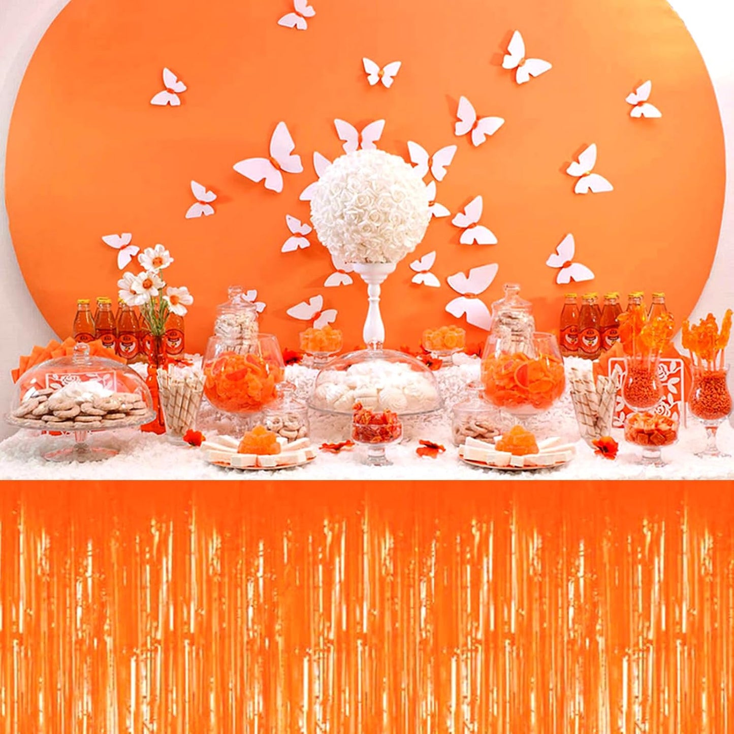 3 Pack 29 x108 Inch Macaron Orange Foil Fringe Table Skirts Metallic Banner for Tinsel Streamer Garland Backdrop for Parade Floats Wedding Thanksgiving Birthday Christmas New Year Party Decoration
