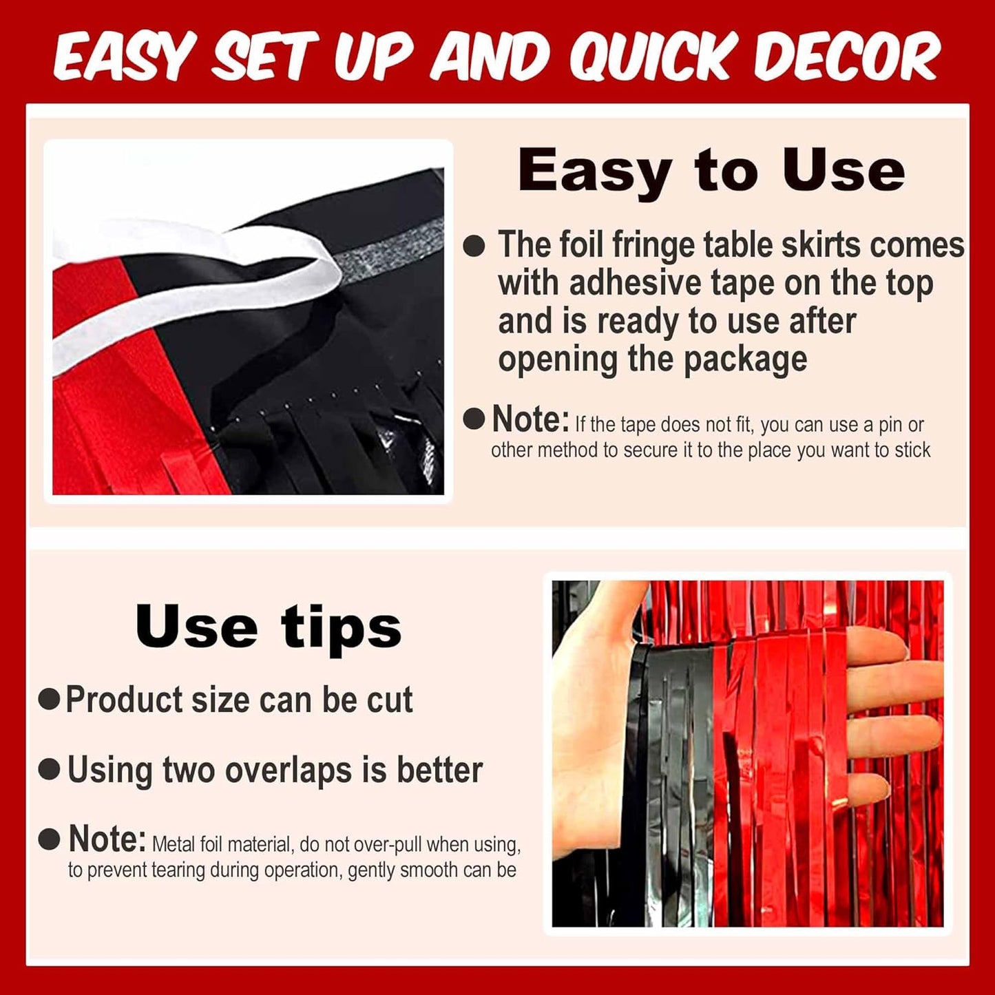 3 Pack Black and Red Foil Fringe Table Skirts Metallic Tinsel Streamers Garland Banner Backdrop for Table Decor, Parade Float, Birthday, Wedding, Halloween, Christmas Party Decorations(29x108 In)