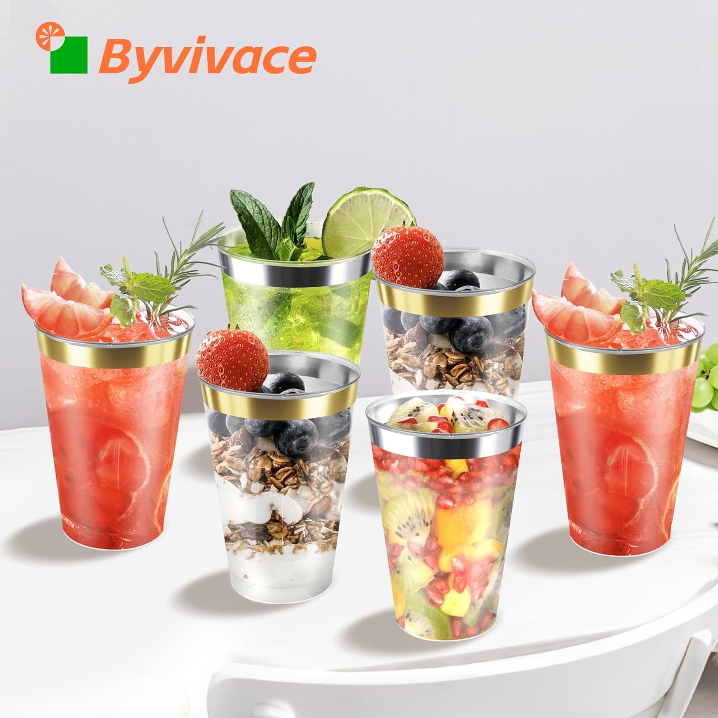 12oz Clear Plastic Cups with Gold Rimmed Sturdy & Food Safe Disposable Wine Glasses Wedding Cups Party Cups Plastic Cocktail Glasses for Wine, Juice, Cocktails and Cold Beverages [100 Pack]