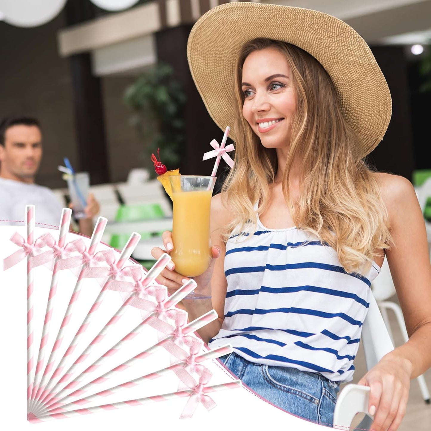 150 Pcs Pink Paper Straws for Drinking, Bow Disposable Striped Paper Straws Bulk Pink Theme Birthday Party Supplies for Wedding Cake Decorations Bachelorette Baby Shower