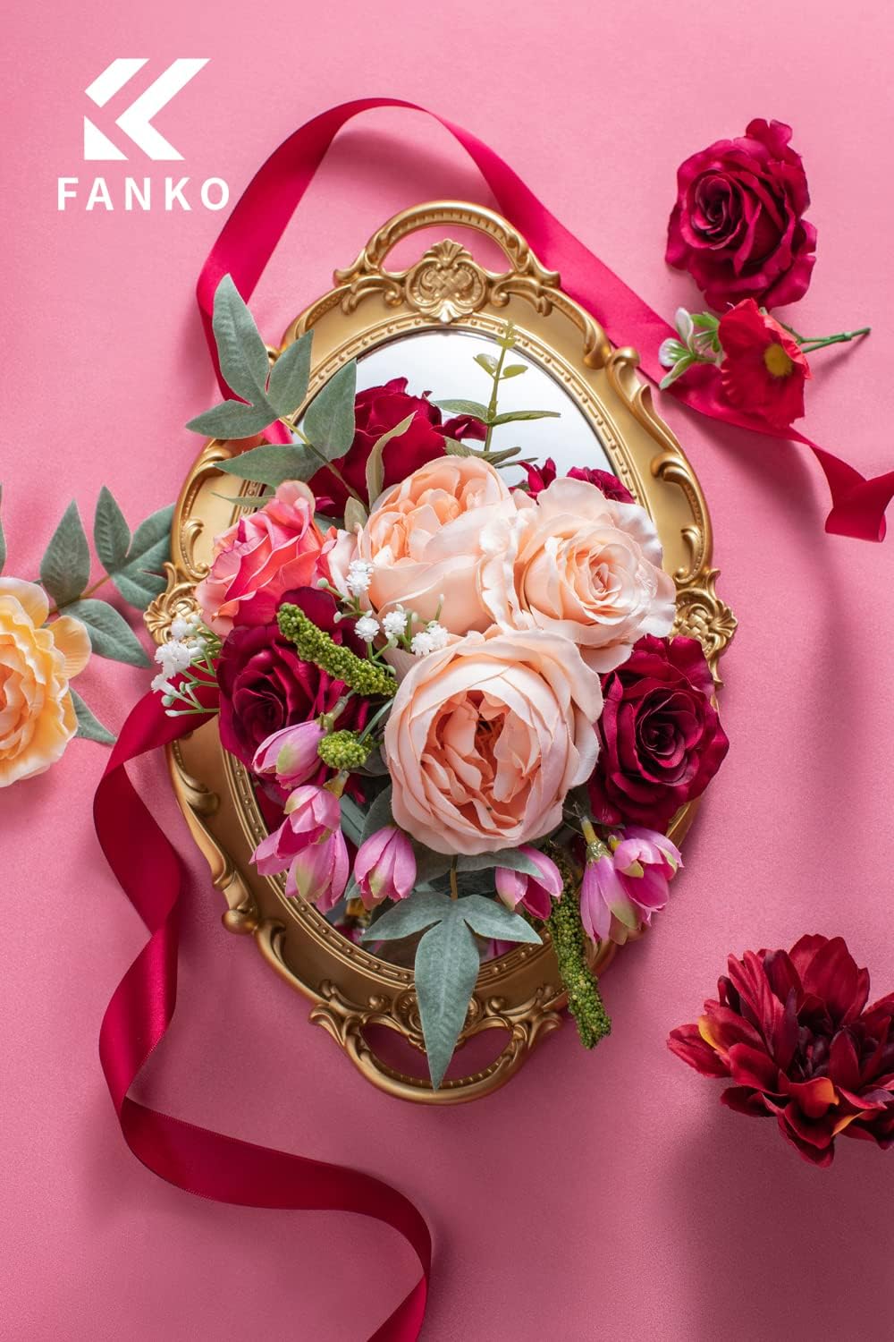 FANKO Rose Artificial Flowers Combo for DIY, Fake Red Rose Artificial Silk Flowers with Greenery, Real Looking Artificial Faux Flowers for Wedding, Table Decoration, Centerpieces, Party, Home Décor