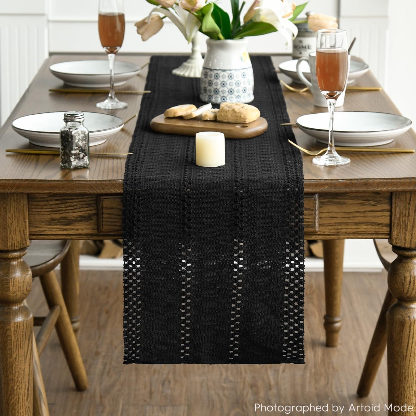 Artoid Mode Black Farmhouse Woven Rustic Hollow Table Runner, Seasonal Holiday Hollow Kitchen Dining Table Decoration for Home Party Decor 12x108 Inch