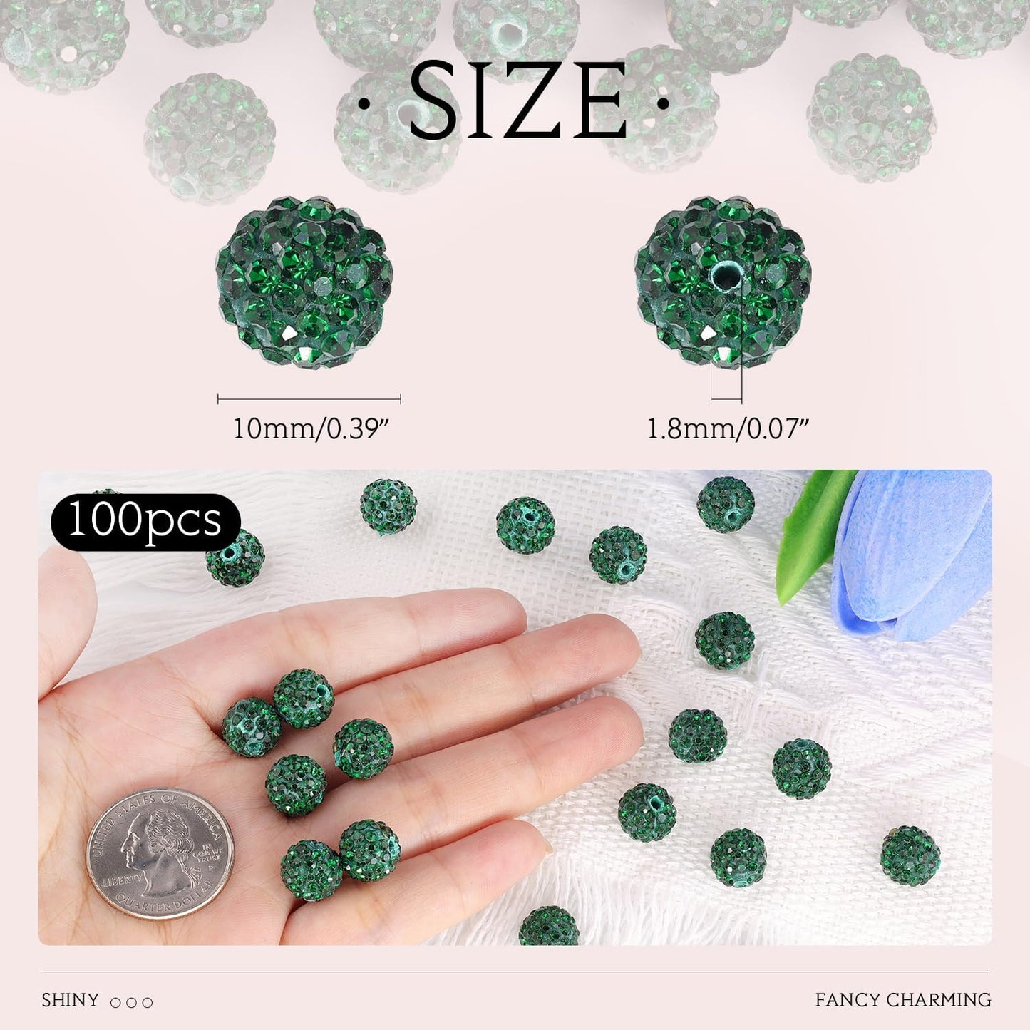 100 pcs 10mm Rhinestone Beads for Jewelry Making, Dark Green Shiny Round Shamballa Disco Beads Bulk, Sparkle Crystal Clay Christmas for Bracelet Baseball Necklace Earring Crafting and DIY