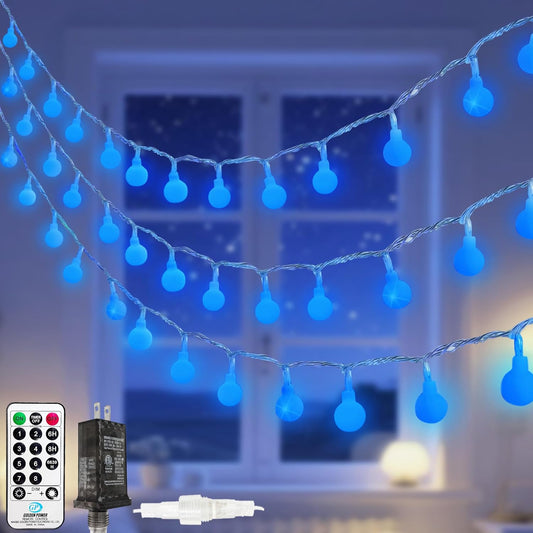 100LED Blue Connectable String Lights Indoor Outdoor for Bedroom, 43ft Fairy Lights with Remote & Timer, Plug in 8 Modes Waterproof Globe Hanging Light for Room Classroom Wedding Party Christmas Decor