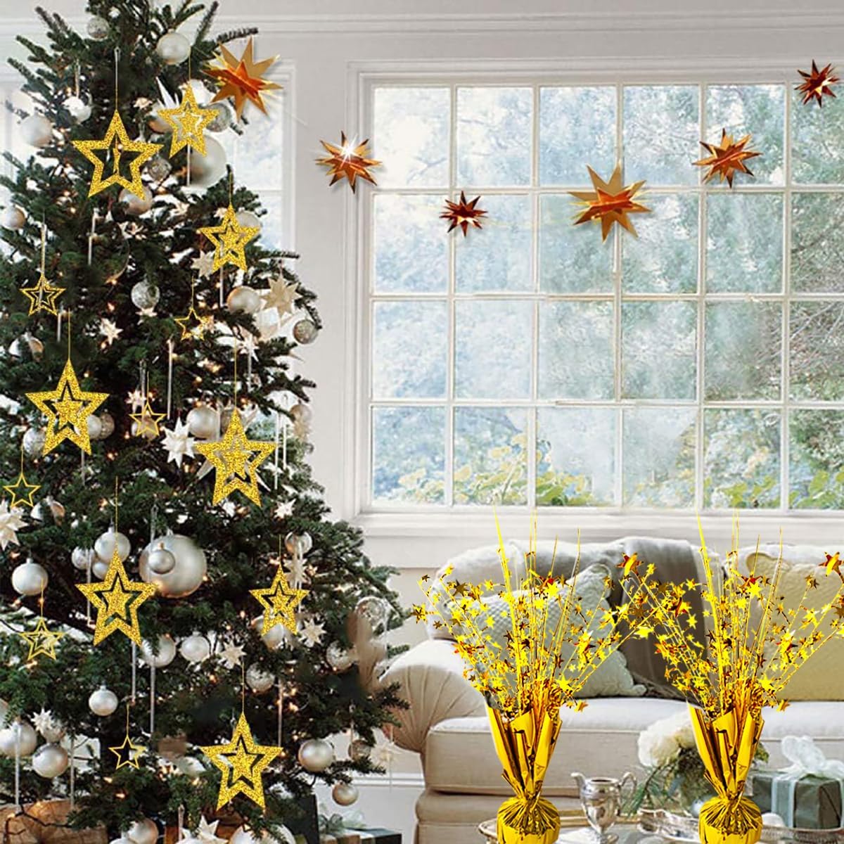 12 Pack Metallic Foil Spray Centerpiece Star Table Decoration Burst Table Centerpieces for Birthday Wedding Anniversary Graduation Holiday Party Supplies Decor, Gold