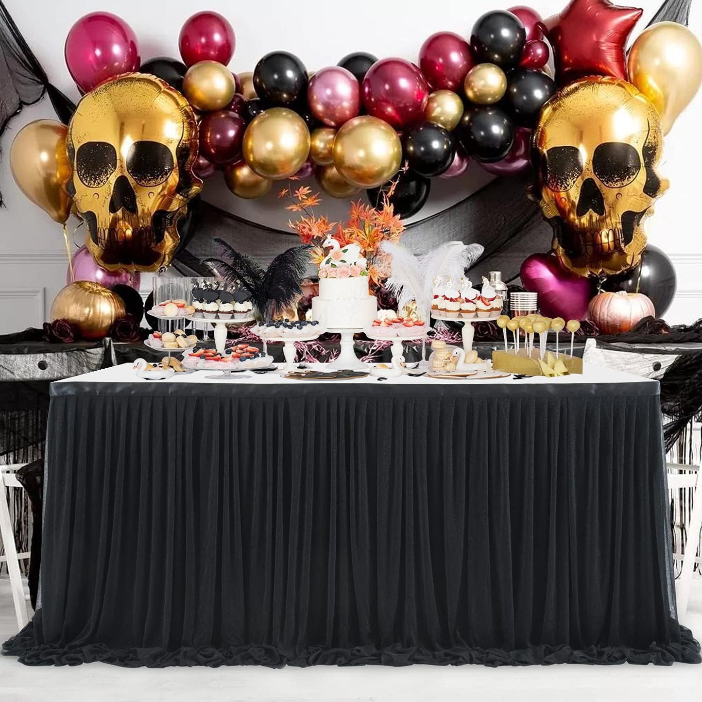 14ft Black Tulle Table Skirt for Rectangle Table or Round Tables Tutu Table Cloth for Birthday Party Baby Shower Wedding Parties Dessert Buffet Banquet Decorations