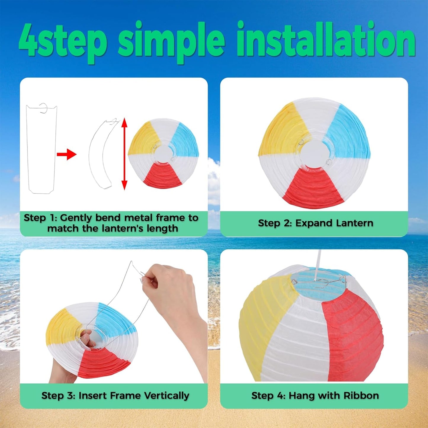 15Pcs Beach Ball Hanging Paper Lanterns Colored Summer Party Decorations for Pool Backyard Outdoor Classroom