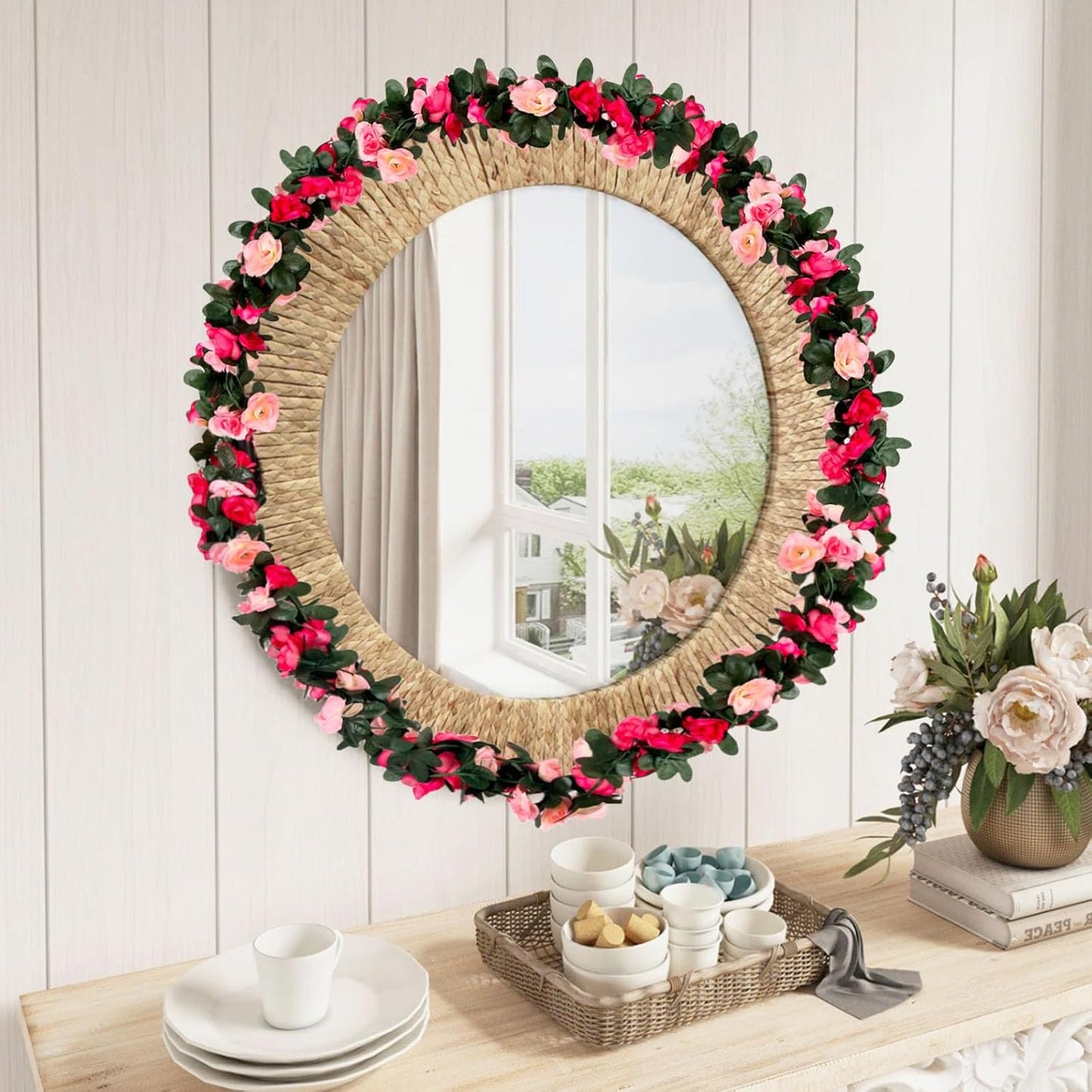 8Pcs 63Ft Pink Rose Garland, Fake Rose Hanging Flowers, Artificial Flower Vine, Hanging Floral Vine Garland for Wedding, Birthday Party, Wall Arch, Halloween, Christmas Garden Backdrop Decor