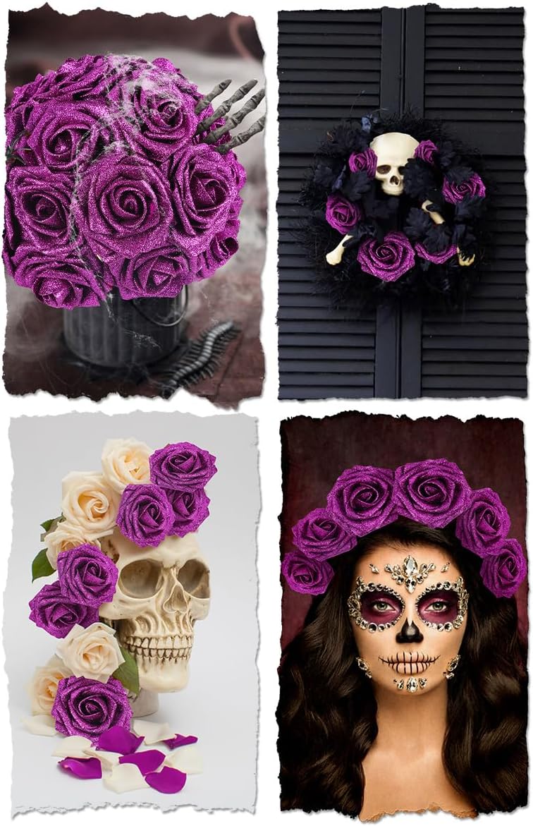 N&T NIETING Artificial Flowers Glowing Purple Flowers Foam 50pcs Glitter Roses Real Looking Fake Roses with Stem for DIY Wedding Bouquets Centerpieces Bridal Shower Party Home Decorations