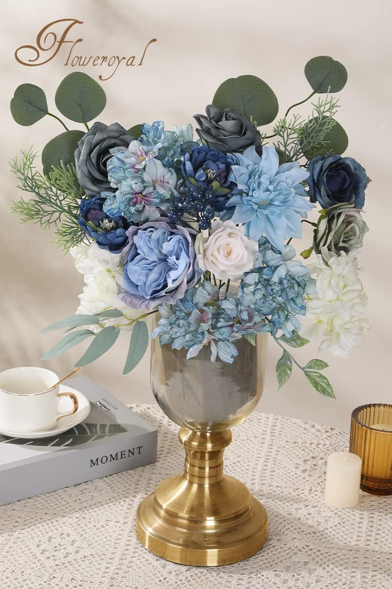Floweroyal Artificial Flowers Combo Dusty Blue Flowers Mix Silk Flowers Dahlia Roses with Stems for DIY Wedding Bridal Bouquets, Baby Shower, Floral Arrangement, Table Centerpieces, Home Decorations.
