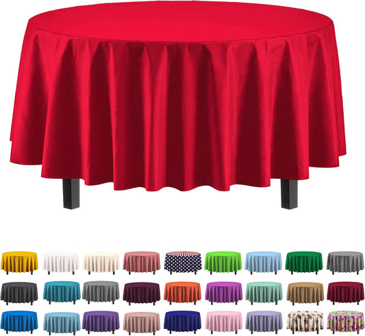 12-Pack Premium Plastic Tablecloth 84in. Round Table Cover - Red