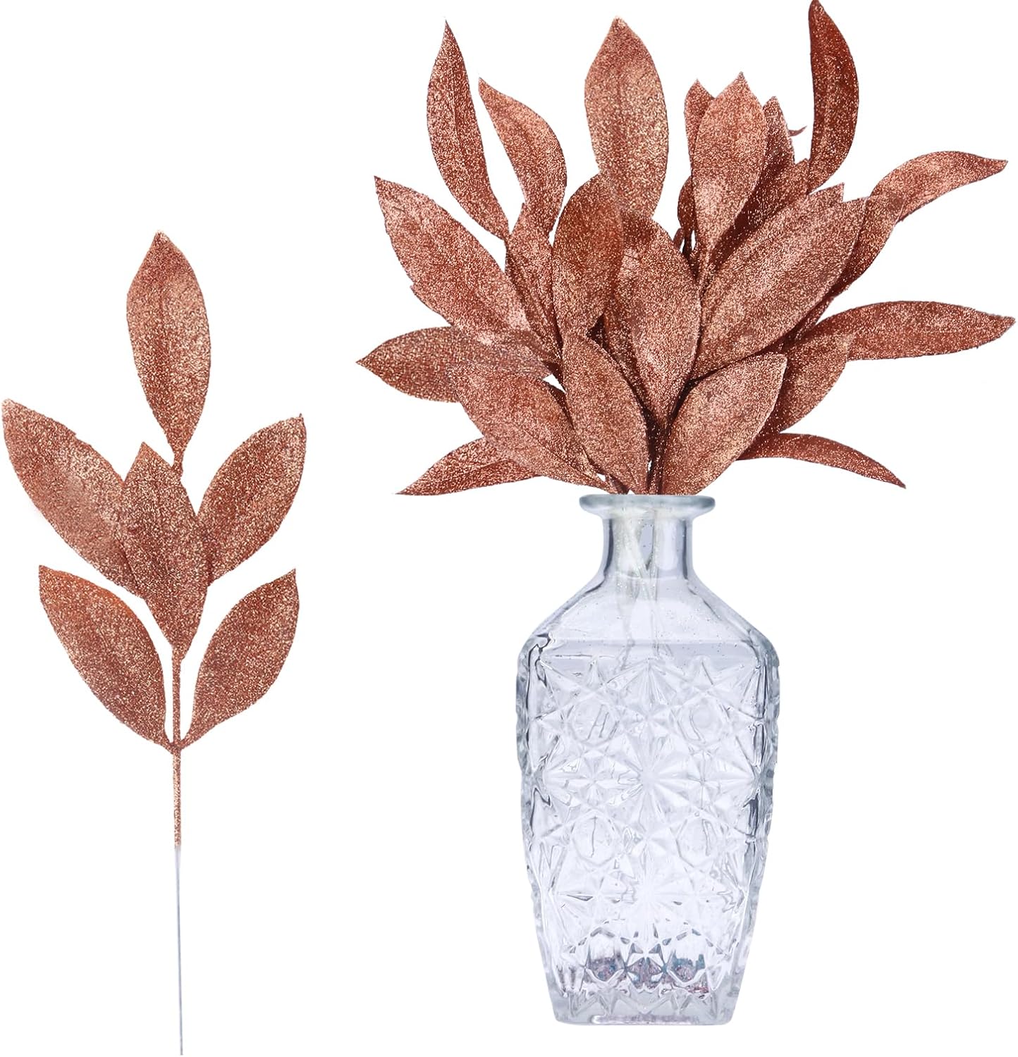 GREENTIME 12 Pack Artificial Brown Glitter Leaves 13" Fake Christmas Picks Decorative Glitter Sticks for Vase Christmas Tree DIY Wreath Crafts Fireplace Decor