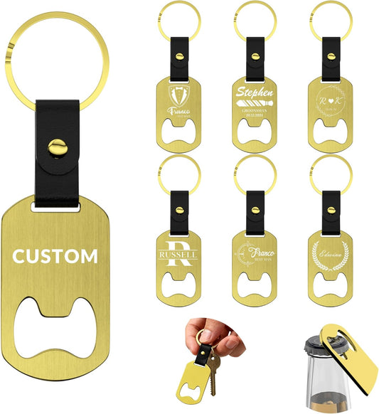 2 in 1 Personalized Bottle Openers Keychains Bulk,Pack 5-100 Flat Metal Custom Keychain with Your Text/Logo/QR Code, Unique Multitools for Wedding Party Favor, Bar, Promotion, Gift (Gold)