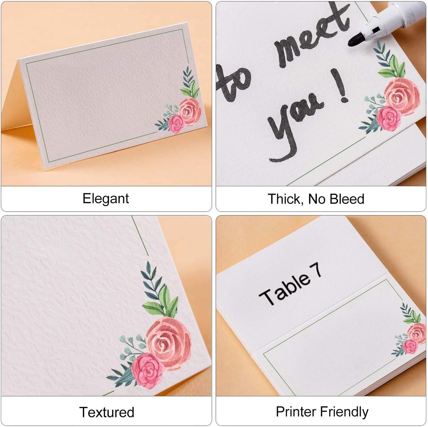 100Pcs Place Cards, Elegant Table Cards with Floral, Rustic Texture Seating Cards, Kraft Paper Name Cards, Perfect for Weddings, Dinner Parties, Banquets, Events, 2 x 3.5 inches