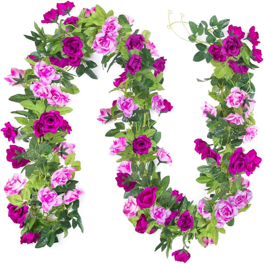 Kisflower 3PCS/23.7FT Artificial Rose Flower Garland, Fake Vines Silk Floral Hanging Plant for Wedding Arch Decorations Room Party Home Garden Hotel Office Wall Decor (Fuchsia)