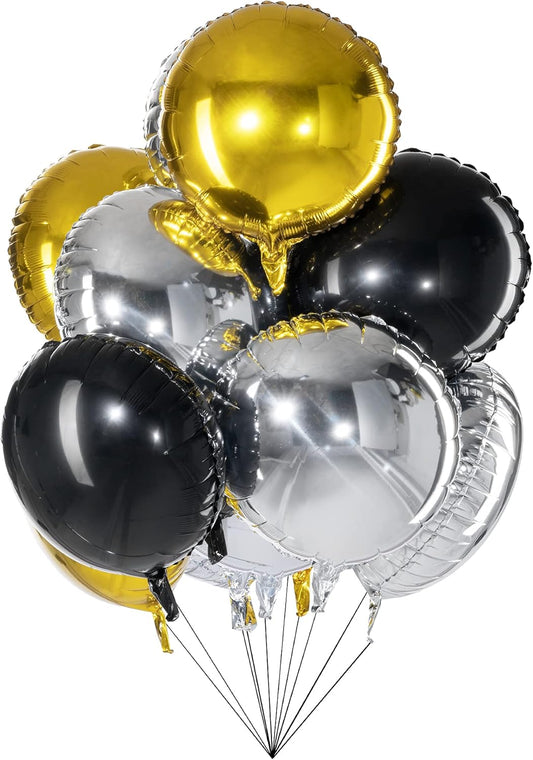 18" Black Gold Silver Balloons Round Foil Mylar Helium Balloons for Party Decorations, Pack of 30