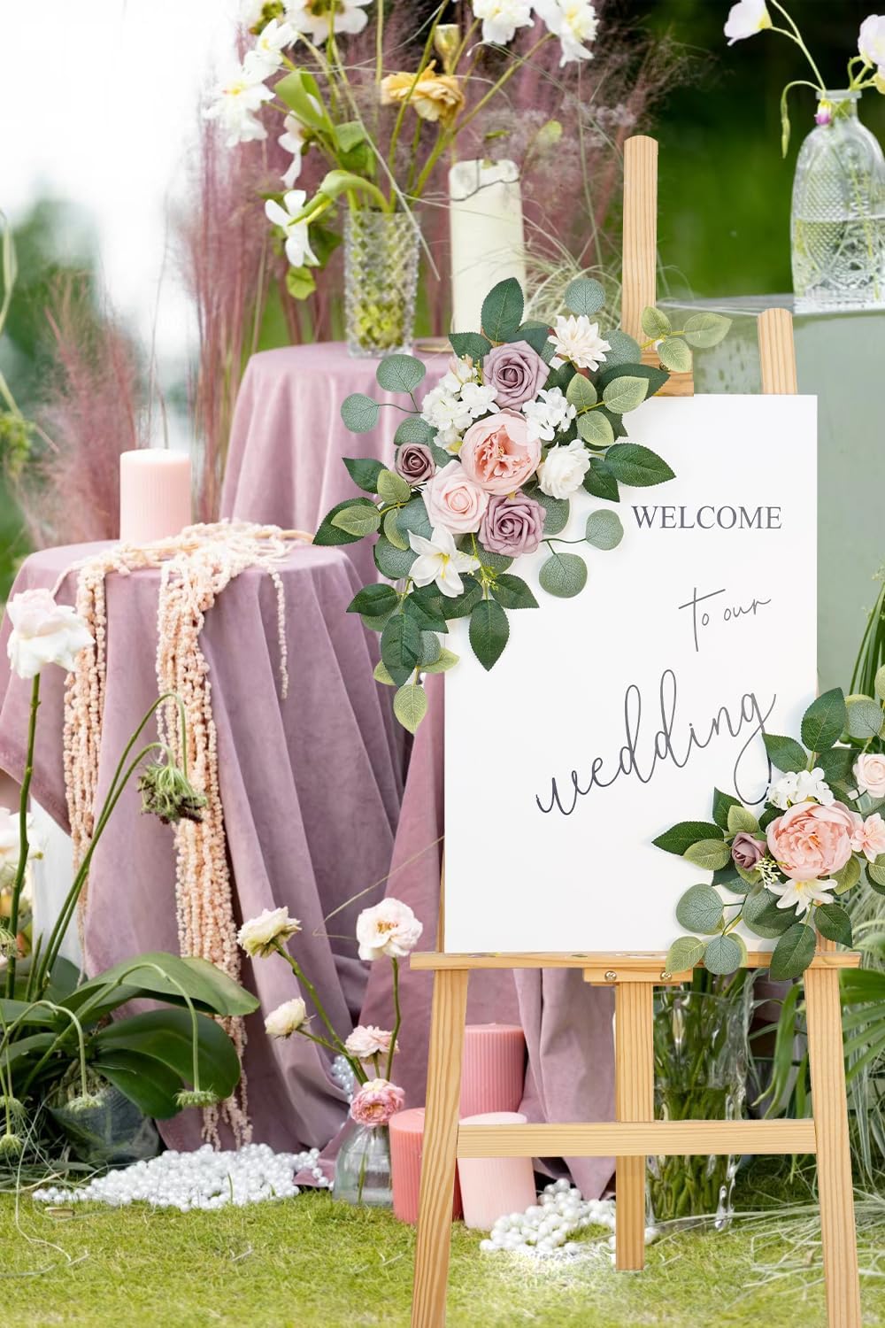 WEIERYUE(Pack of 2 Artificial Flowers Decorations,Artificial Arch Backdrop Garlandfor Ceremony Party Reception Entrance Welcome Easel Door Floral Decor Wall Home Entryway Outdoor(Bean Paste Powder)