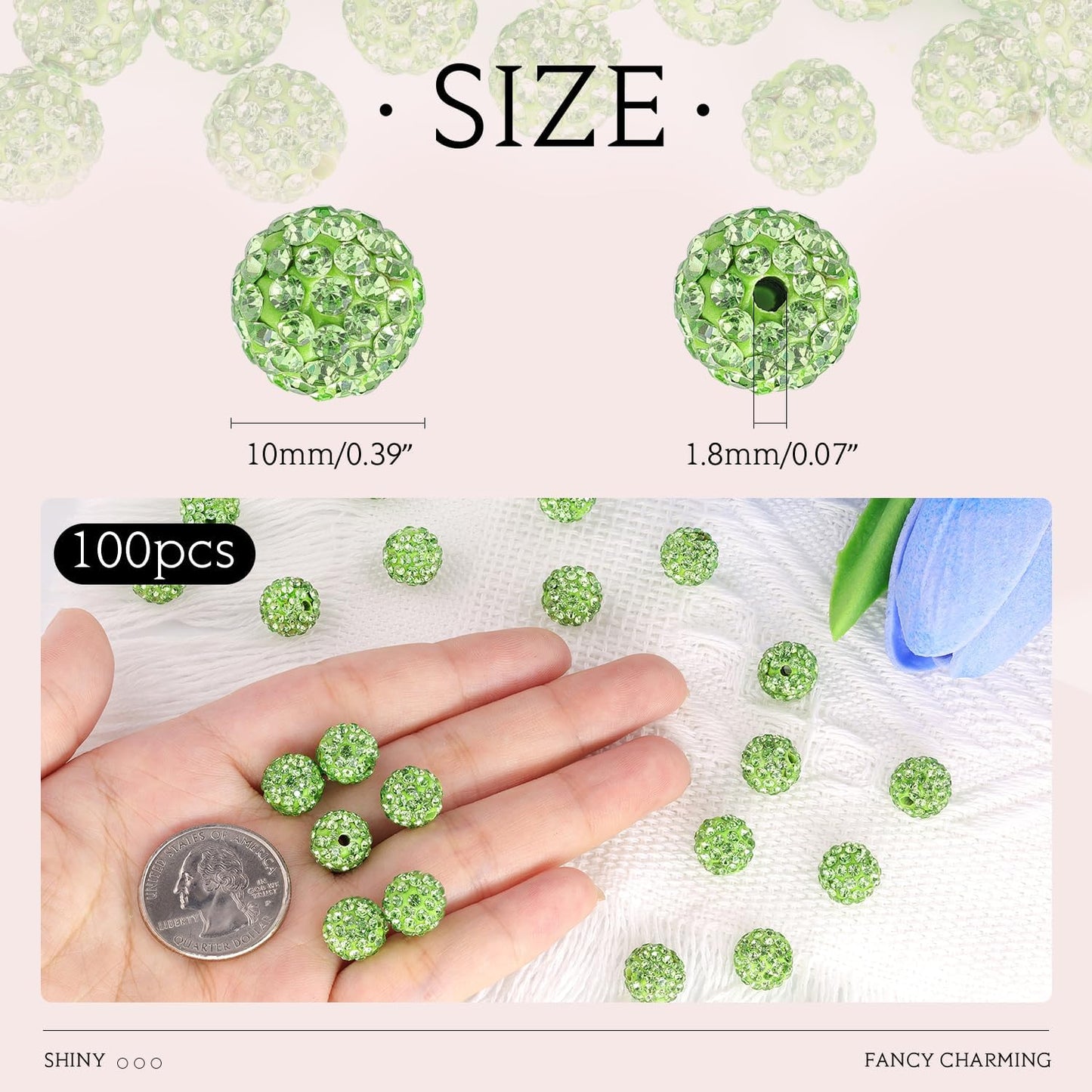 100 pcs 10mm Rhinestone Beads for Jewelry Making, Light Green Shiny Round Shamballa Disco Beads Bulk, Sparkle Crystal Clay Christmas for Bracelet Baseball Necklace Earring Crafting and DIY