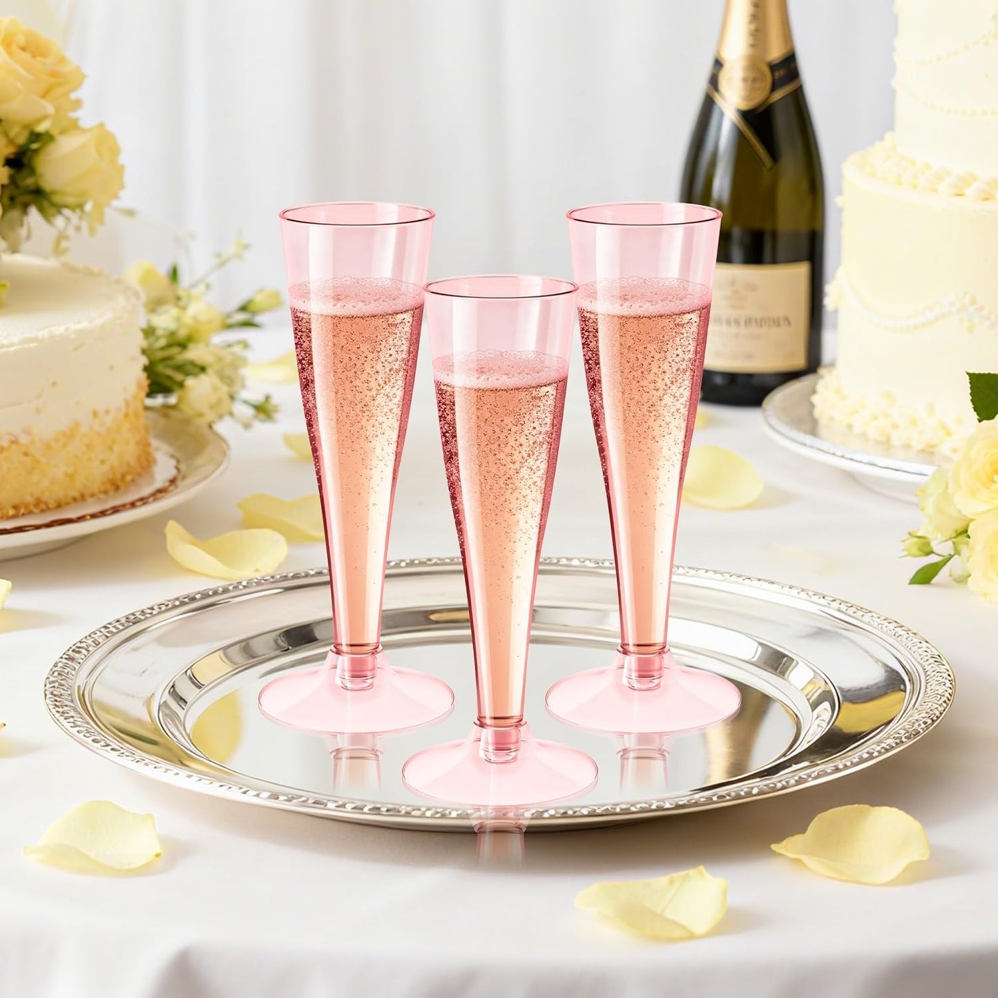 100 Pack Pink Champagne Flutes Plastic Wine Glasses Disposable, 4.5 Oz Clear Mimosa Glasses for 2025 Engagement Wedding Birthday New Years Eve Xmas Party Supplies, Bulk Toasting Cocktail Cups